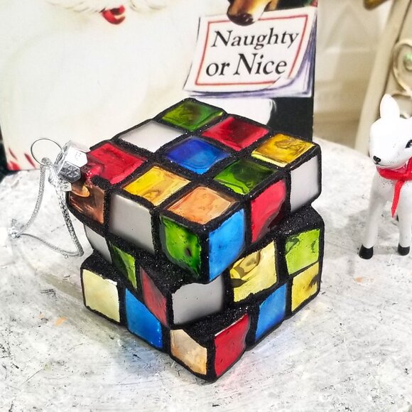 Blown Glass Rubik's Cube Christmas Ornament Puzzle Game - Picture 1 of 5